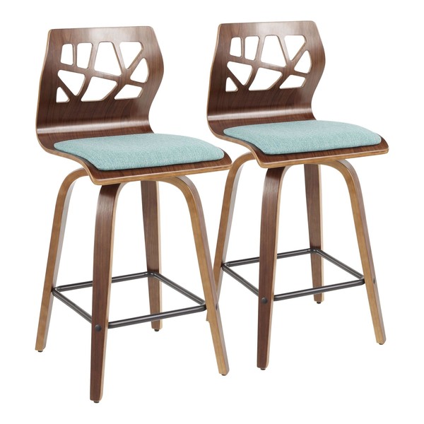 Lumisource Folia Counter Stool in Walnut Wood and Teal Fabric, PK 2 B26-FOLIAX WLTL2